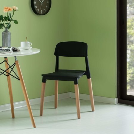 Fabulaxe Modern Plastic Dining Chair Open Back with Beech Wood Legs, Black, PK 4 QI004222.BK.4